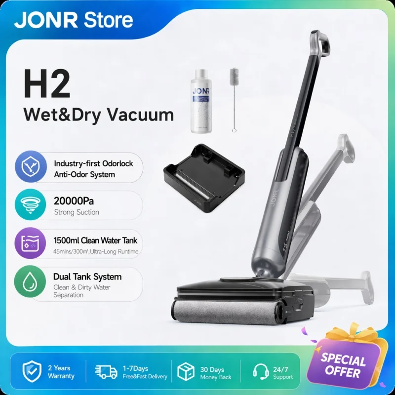 JONR H2 Kabelloser Nass-Trocken-Staubsauger Echtes Doppeltank-System mit Geruchsblockierung 180 °   Lie-Flat Bodenreiniger mit 45 Minuten Laufzeit, 1500ml Tank, Wand-zu-Wand-Kantenreinigung für