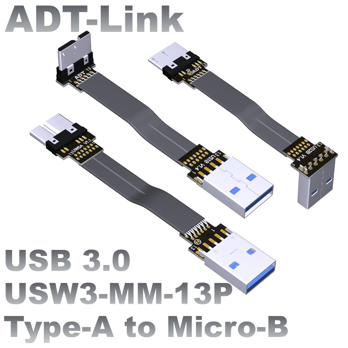 ADT-Link USB 3.0 Micro-B to Type-A Male to Male Fold 90° Flat Cable Micro-B USB 3.0 Connector FPC FPV Aerial Extension Cord