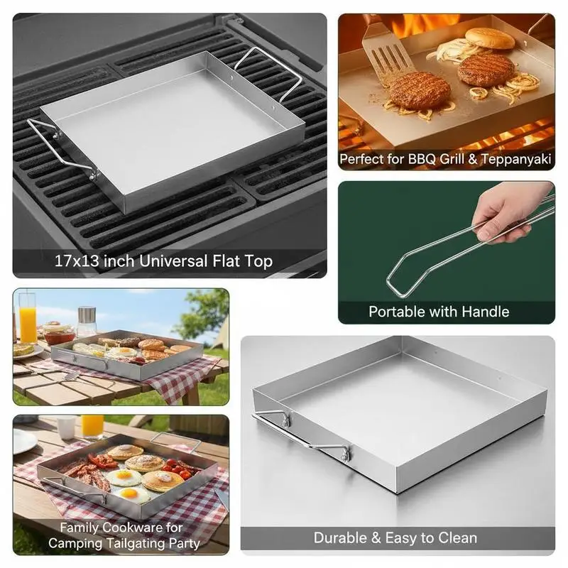 Free Shipping-Rectangular Flat Top Plate 17x13 inch For Camping Tailgating Party BBQ Grill Gas Grill Teppanyaki Cookware Built-in Handles Professional Cooking Surface Portable Outdoor Kitchenware Accessory view 6