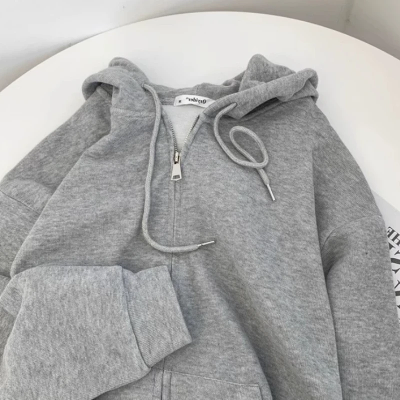 With Hat Hoodies Women Autumn Winter Korean Style Zippers Lace-up Solid Long Sleeve Tops Simple Pockets Home Soft Harajuku Loose