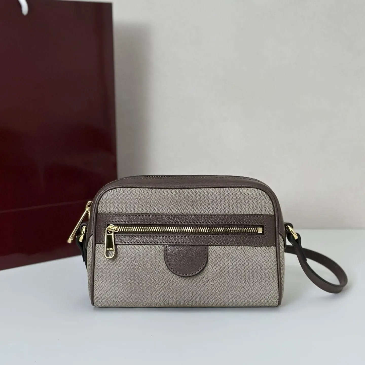 

Two-tone Grey & Brown Leather Crossbody Bag, Women's Compact Camera Bag with Gold Tone Hardware