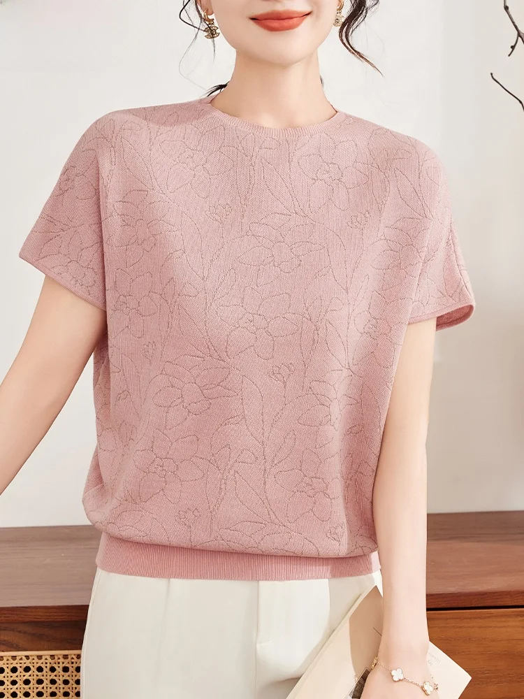 

Ice Silk Knitted ort Sve T-irt Mom Summer Faion Loose Fit round Ne Top for Middle-Aged And ly Women