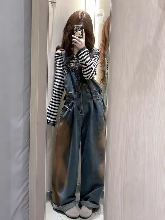 

Джинсовые комбинезоны с талией в стиле ретро, женские весенне-осенние свободные повседневные цельные брюки небольшого размера с высокой талией и широкой спинкой...