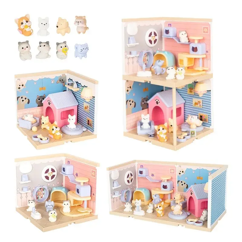 DIY Plastic Dollhouse Casa Miniature With Furniture Kit Mini Pet Dog House Dessert Room Assemble Toy for Children Christmas Gift