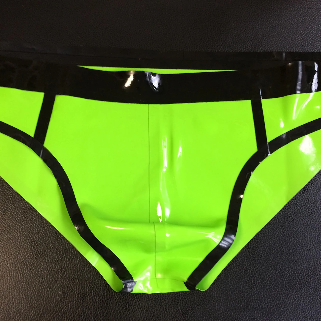 Sexy Latex Gummi Men Briefs Apple Green and Black Showy Male Rubber Shiny Panties Shorts Lingerie Underpants Handmade RLPM076