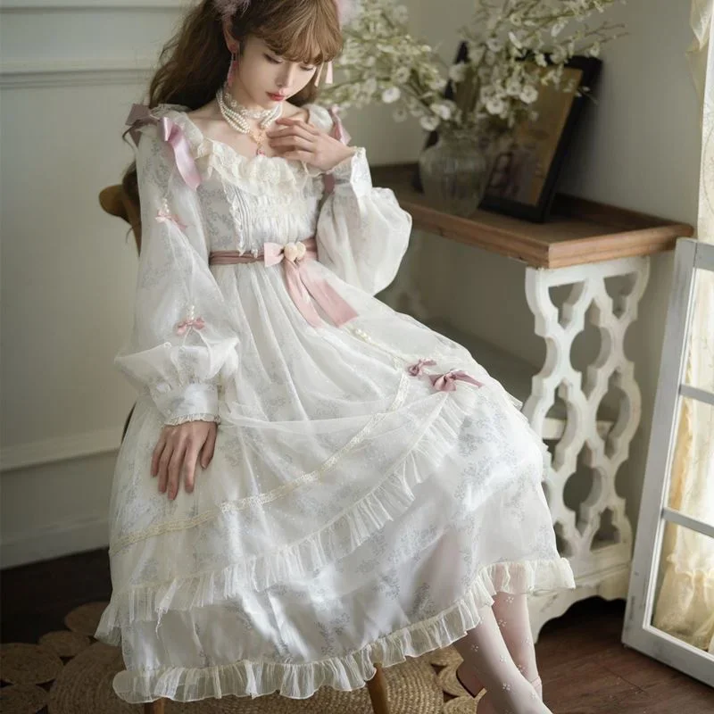 

Elegant Lover Authentic Lolita Daily Retro Court Style Op Long Sleeve Lolita Dress Girls White Dresses