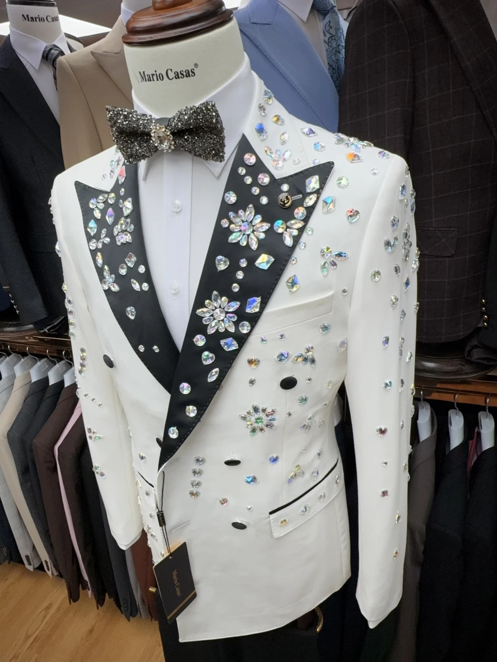 Strass brilhantes smoking masculino 2 peças blazer calças festa de aniversário de casamento baile personalizado duplo breasted terno conjunto para homem