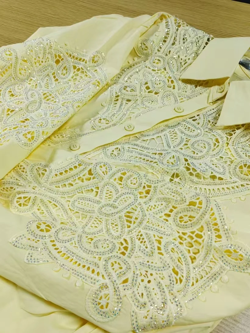

Sparkle Sequins Hollow Out Embroidery Cotton Shirts and Bloused for Women Long Sleeve Loose Casual Yellow Tops Woman Clothing