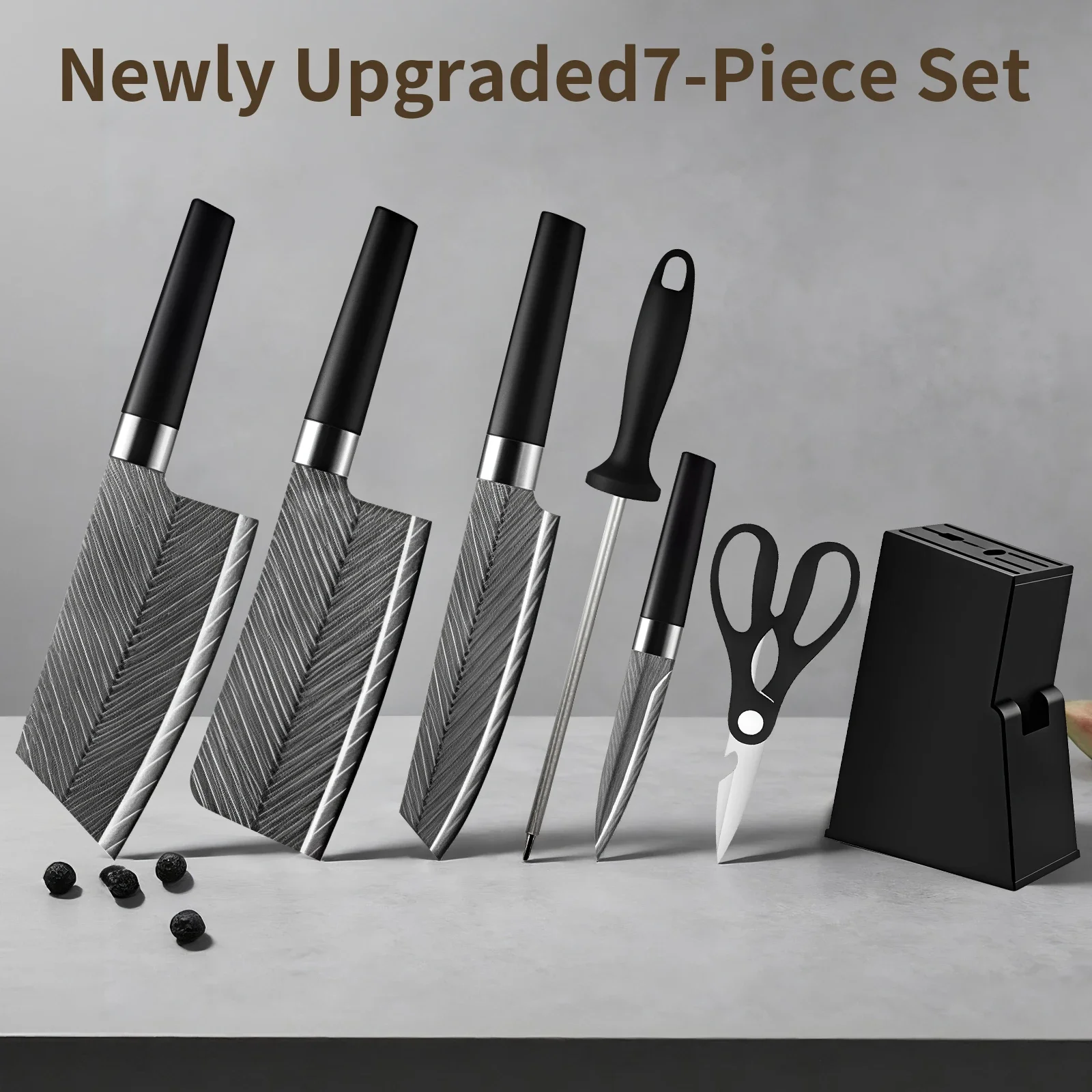 7PCS Stainless Steel Kitchen Knife Set Bone Cleaver Scissors Sharpener Fishbone Grain for Home Chef Gift Labor Saving Easy toUse