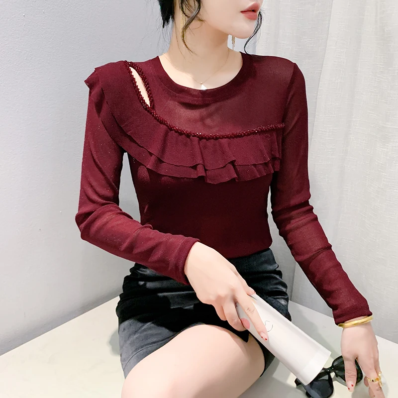 #7373 Black Red Asymmetrical Mesh Skinny T Shirt Women Split Joint Ruffles Short T Shirt Femme Sexy Hollow Out Womens Tee Shirts