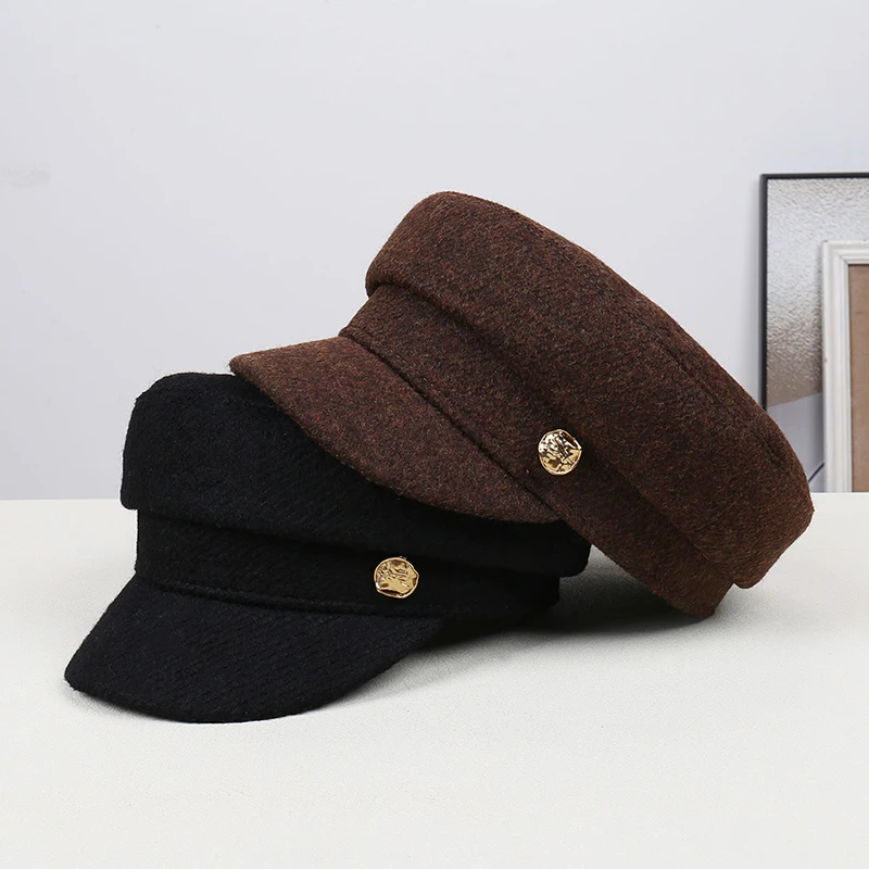 

New Trendy Korean Metal Buckle Octagonal Cap Women's British Retro Newsboy Hat Autumn And Winter Hat Versatile Flat Top Berets