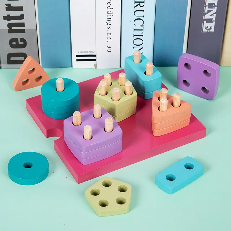 Building Block Four Sets Columns Geometric Sleeve Column Children Montessori Early Education Shape Matching Color Cognitive