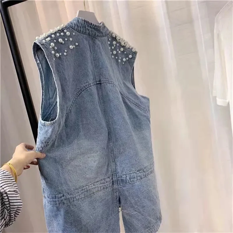 2024 New Women Pearl Denim Waistcoat Korean Fashion Cardigan Vintage Loose single-breasted Vest female Sleeveless Jacket R368