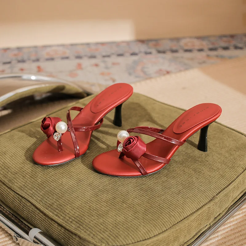 

Women's high-heeled slippers with slim heels for summer, new style for outerwear with double toe sandals, red rose sandals
