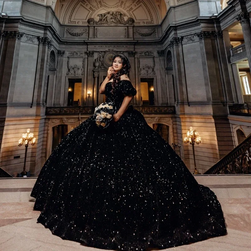 ANGELSBRIDEP 2025 Black Ball Gown Quinceanera Dresses Customized Glitter Dress Tulle Evening Party Vestido De 15 Años