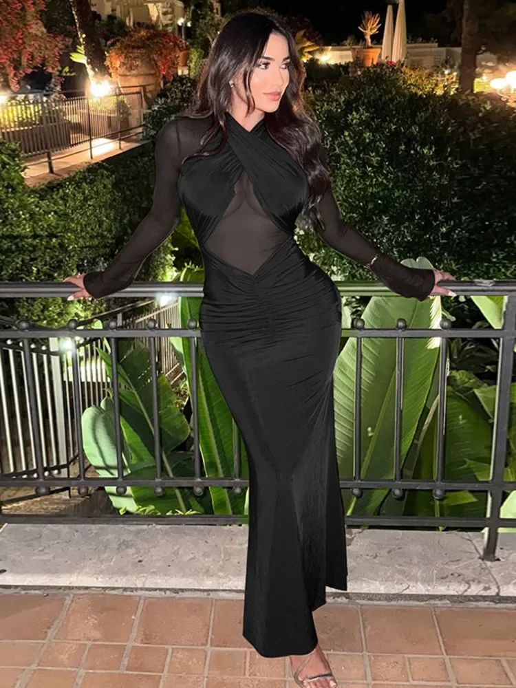 

Mesh Hollow Out Long Sleeve Sexy Maxi Dress Women Gown Elegant O Neck Ruched Bodycon Club Party Long Dresses Female