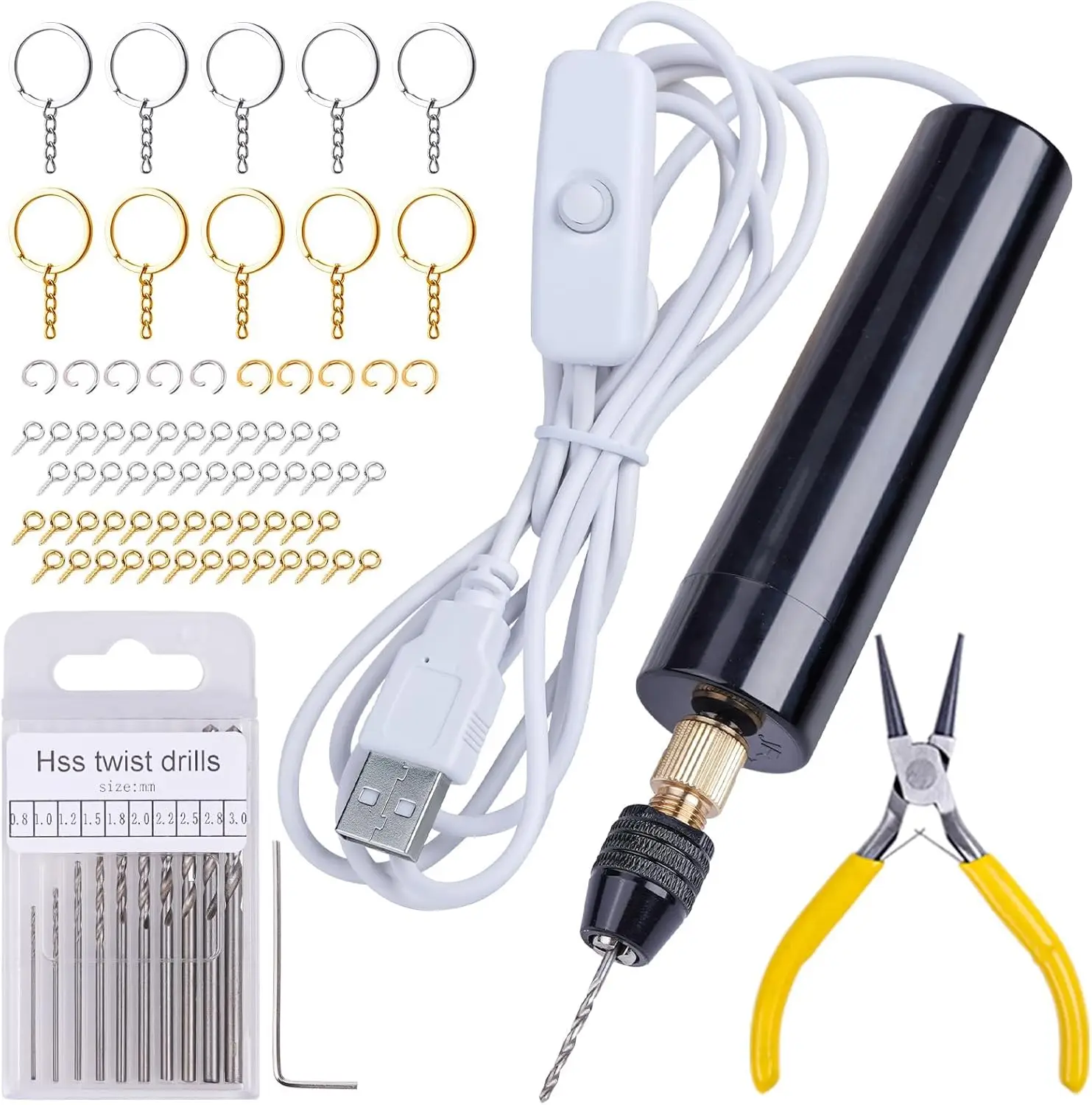 

LET'S RESIN Electric Drill, 74Pcs Mini Drill with 3-Jaw Clamp-Applicable to A Larger Drilling Range (0-3mm), Keychain Making Kit, Jewelry Making Kit, Electric Hand Drill for Jewelry, Resin, Plastic