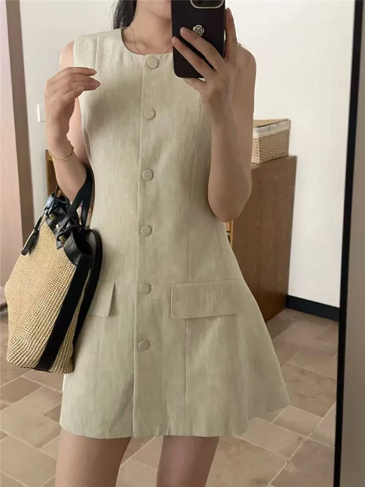 Col rond Style Simple solide abricot gris rose une ligne Mini robe nouvel été femmes simple poitrine sans manches décontracté robe courte débardeur