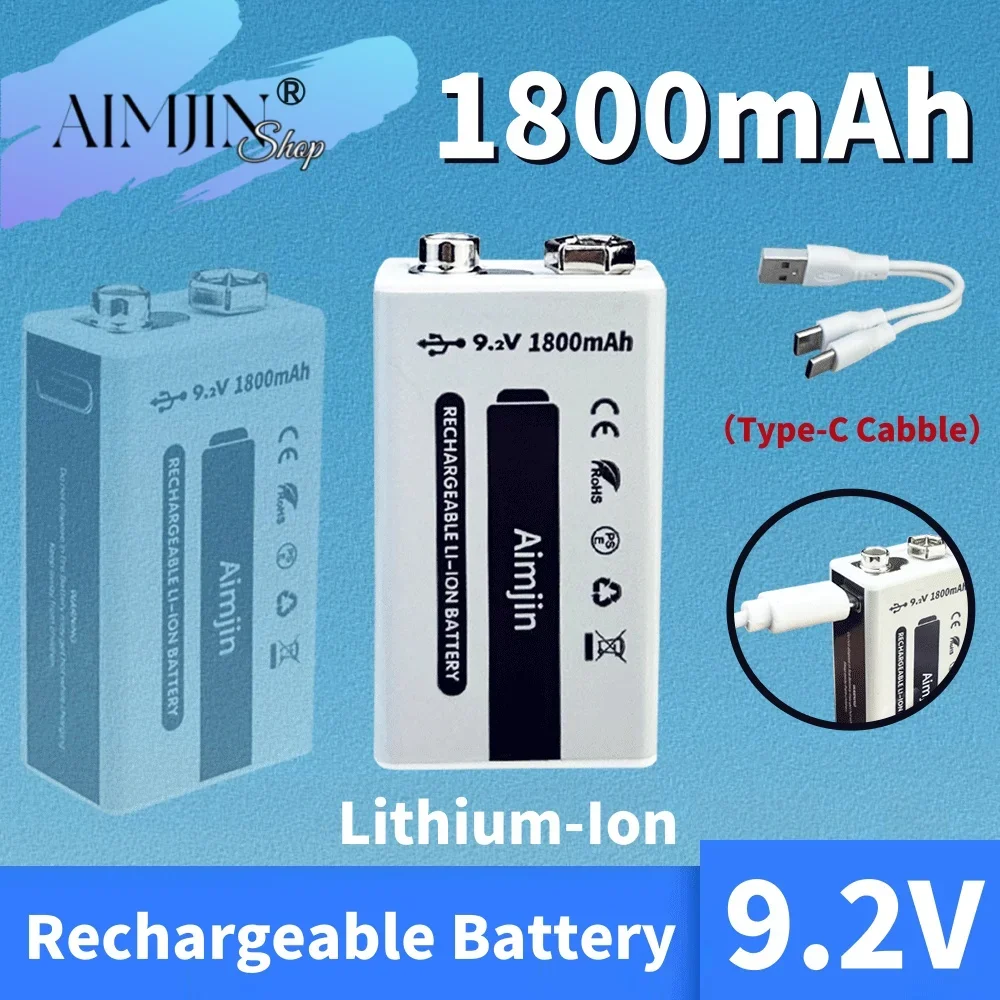 

100% New 9V Battery 1800mAh Li-ion Rechargeable Battery Type-C Battery for Multimeter Microphone Toy Remote Control