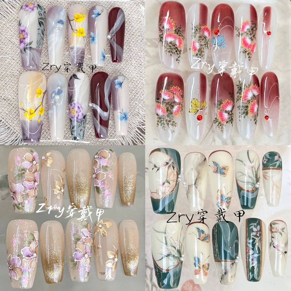 

10Pcs Handmade Long Coffin Ellipse Wearable False Nails Beautiful Hand-Drawn Flowers Diamond Pearl Butterfly Press On Nails