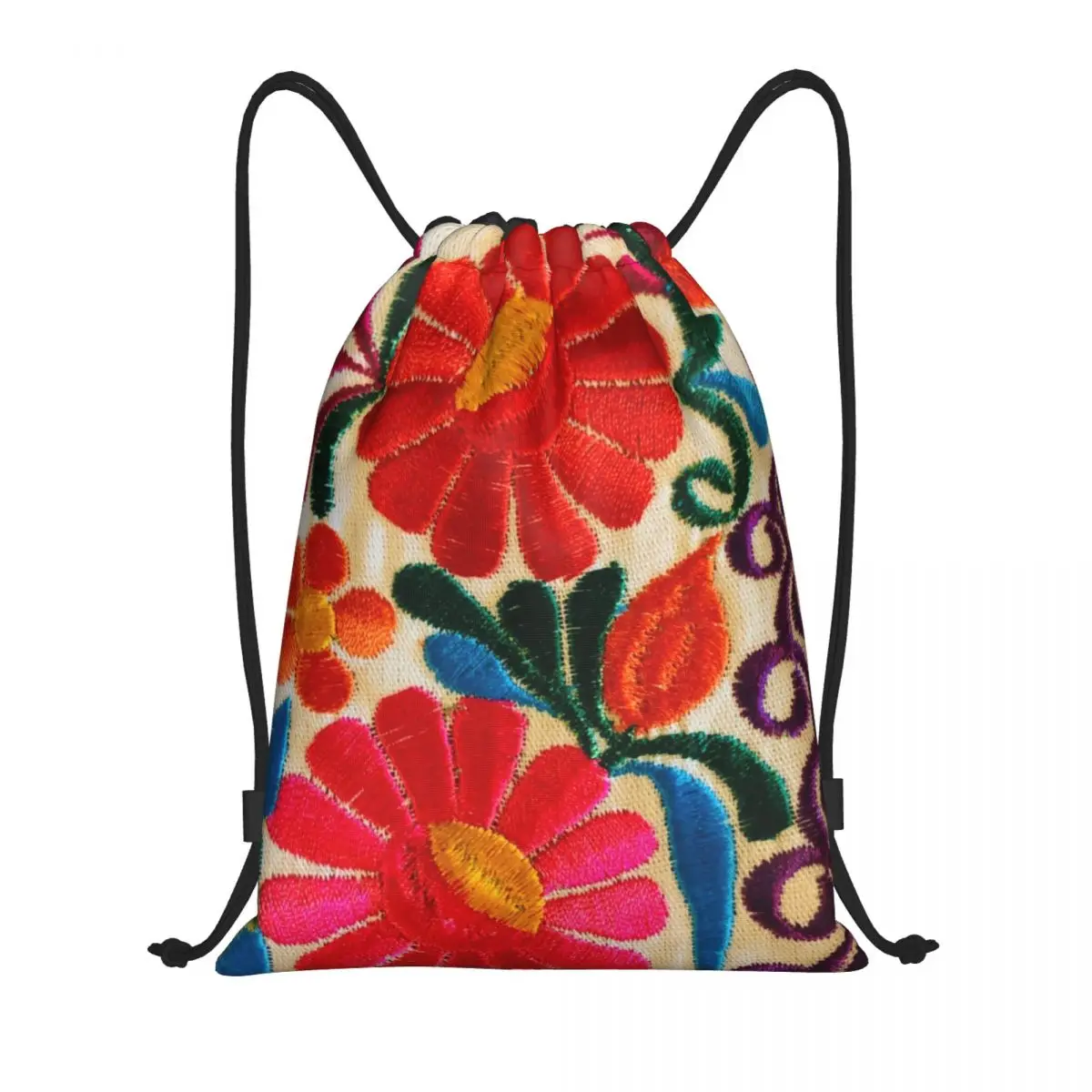 Custom Mexican Flower Embroidery Art Drawstring Backpack Bags Lightweight Textile Floral Folk Gym Sports Sackpack Sacks for Yoga