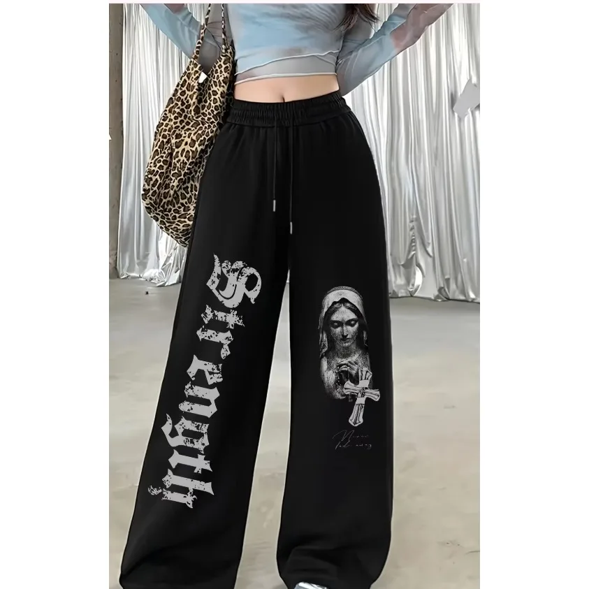 

Свободные прямые брюки с ретро-американскими уличными принтами, широкие брюки для женщин, которые модно и удобно