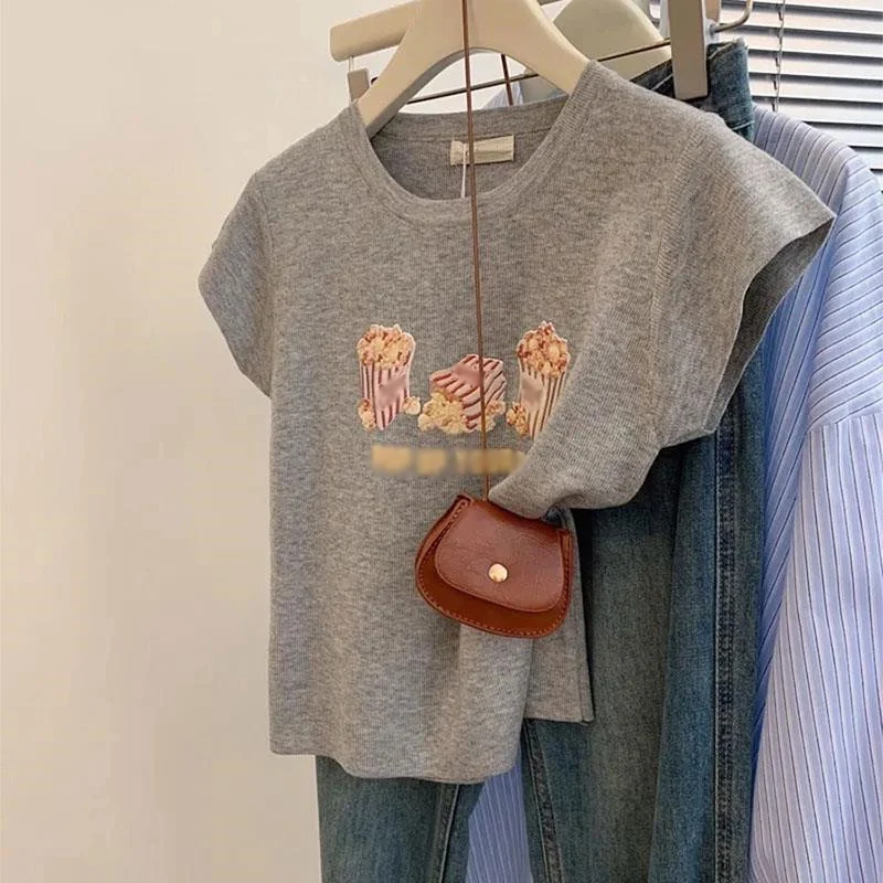 

Korean Style Short Sleeve T-Shirt Women's Fashionable round Neck Print Top Small Size Straight Cut Summer Casual Wear