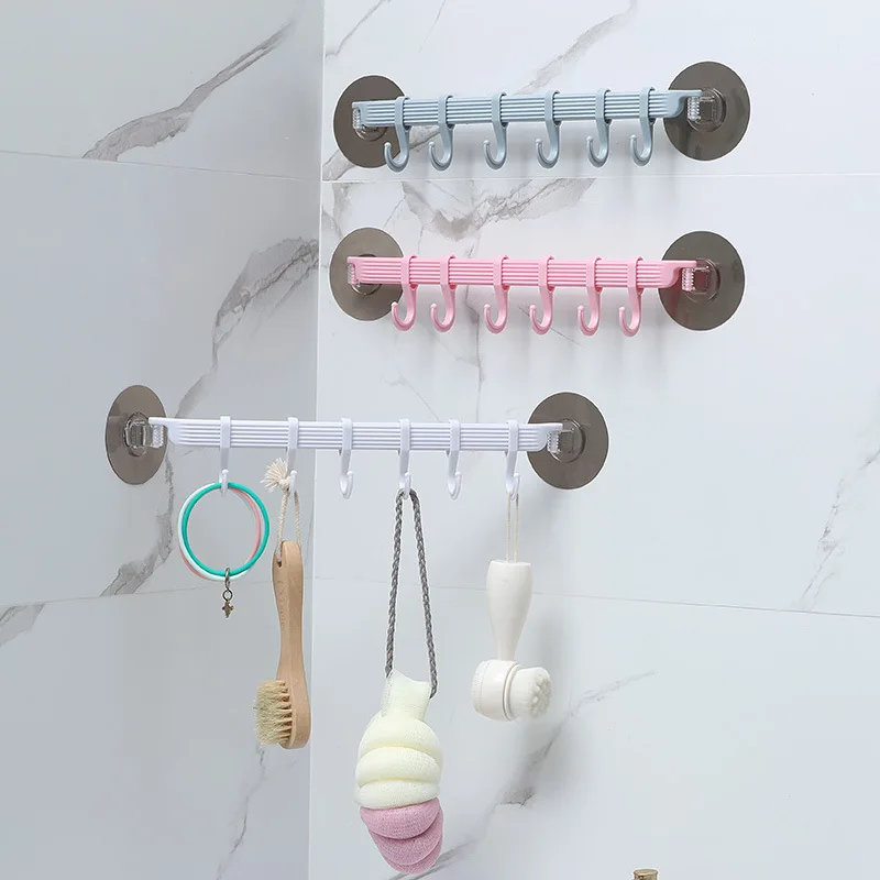 1pc Blue/White/Pink Suction Cup Type Hook 6 Rows for Kitchen Bathroom Corner Suspension Without Marks Hanger Hook