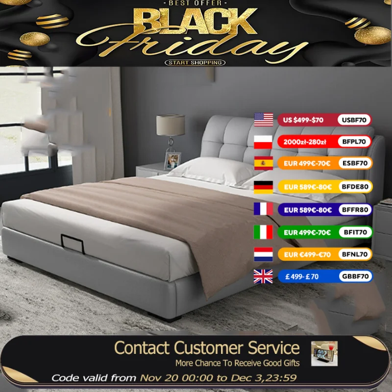 

Organizer Gray Double Bed Modern Platform Designer Storage King Size Double Bed Frames Queen Lit 2 Personnes Home Furniture