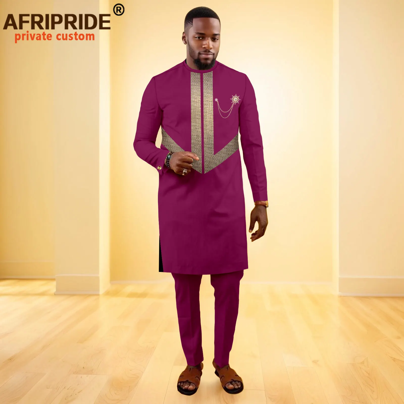 African Clothes for Men O-neck Embroidery Brooch Long Robes and Pants 2 Piece Set Dashiki Tracksuit Formal Outfits 2516044
