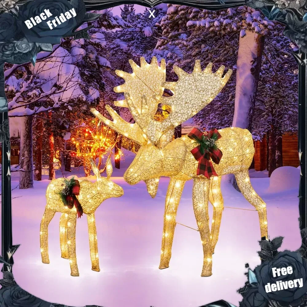 2-Piece 3D Lighted Christmas Reindeer Family, Pre-Lit Gold Christmas Decor Deer with 170 Warm White LED Lights