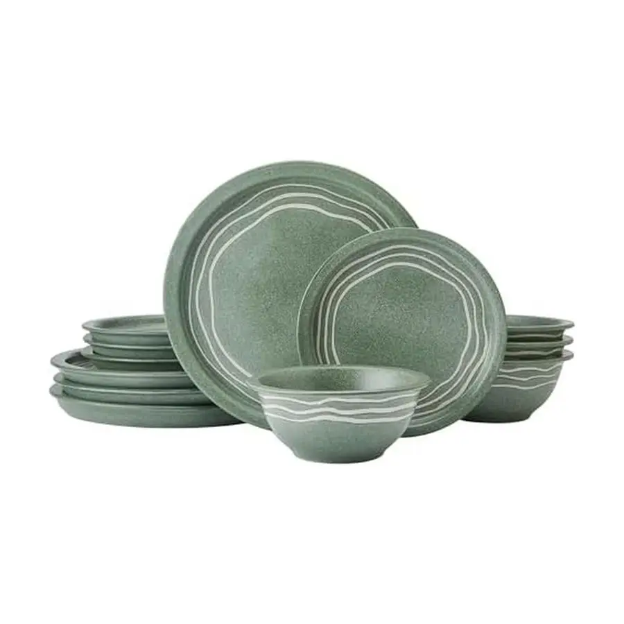 

Набор посуды Natures Pallet из 12 предметов, из каменной керамики, на 4 персоны, современный стиль, с высокими бортиками для повседневного использования, зеленый