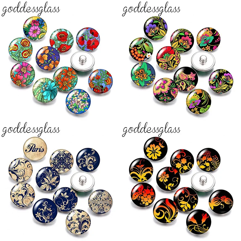 Flower pattern Drawings Photos 10pcs mix Round 18mm/12mm snap buttons for 18mm/12mm snap jewelry DIY findings