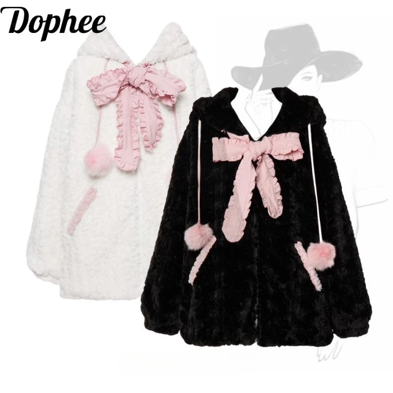 

Dophee Japan Style Cat's Ears Hooded Sweatshirt New Autumn Winter Plush Cardigans Coat Pink Bow Loose Cute Long Sleeve Hoodies