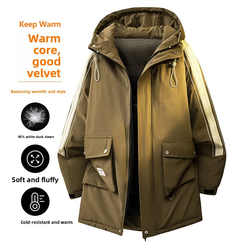 

Мужская уличная удлиненная пуховая куртка с капюшоном, 90% белый пух, водонепроницаемая ткань, повседневная, теплая, утолщенная, на молнии