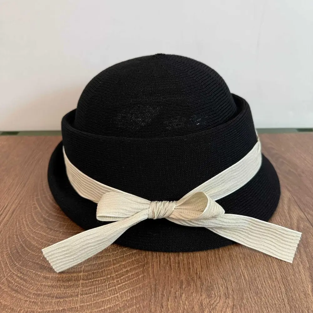 

Retro Bowknot Bow Topper Hat Weave Knitted Women Bucket Hat Sunscreen Flat-top Fisherman Hat Outdoor