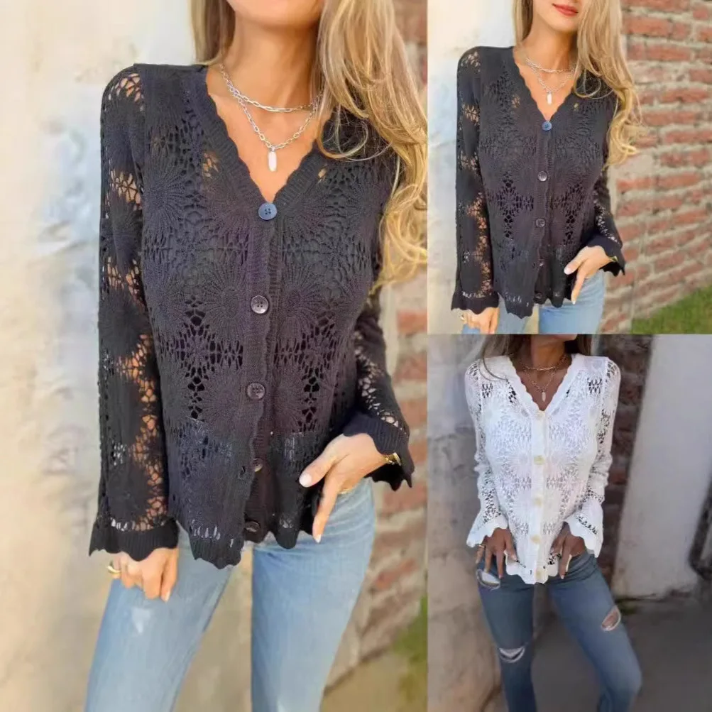 

2025 Новая европейская и американская женская одежда, кружевной женский топ с v-образным вырезом и длинными рукавами