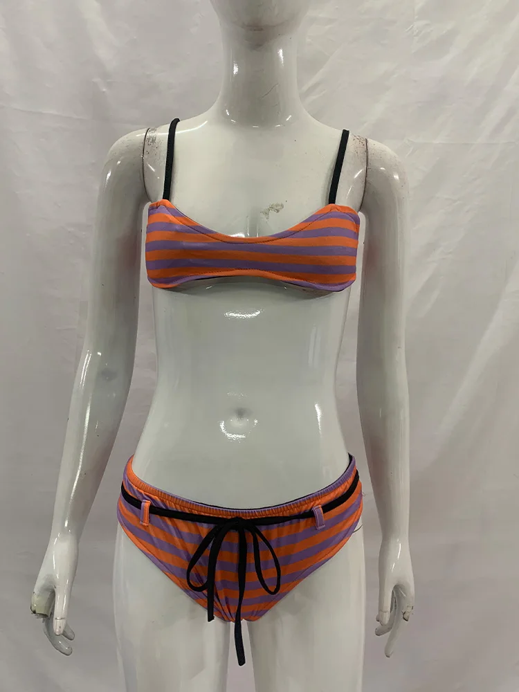 Summer Stripe Underboob Spaghetti Strap Tie Side Bikini Set Beach Pool Vacation Sexy Slim Y2K Cute New Trendy Women's Swimsuit