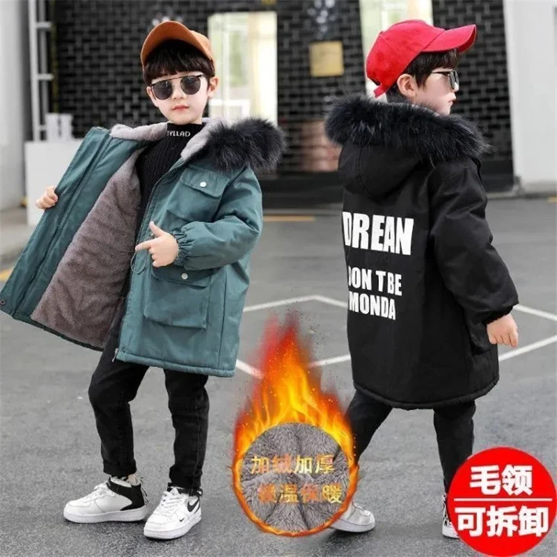 -30℃ Winter Boys Long Cotton Clothes Jackets Big Children Thick Velvet Warm Parka Coats Kids Snowsuit Outerwear 5-12Y