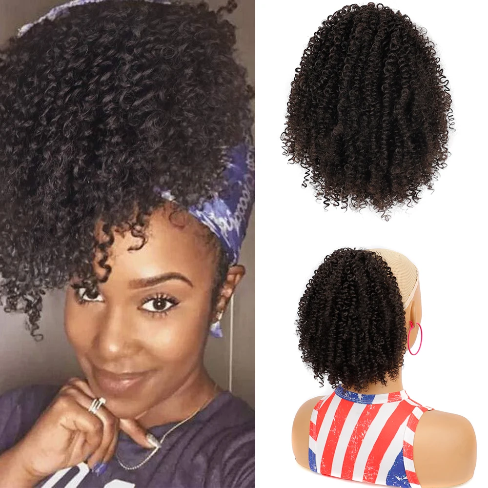 Short Red Afro Kinky Curly Synthetic Drawstring Ponytail Extensions For African Women Girls Black Pony Tail Wig Hair Pieces