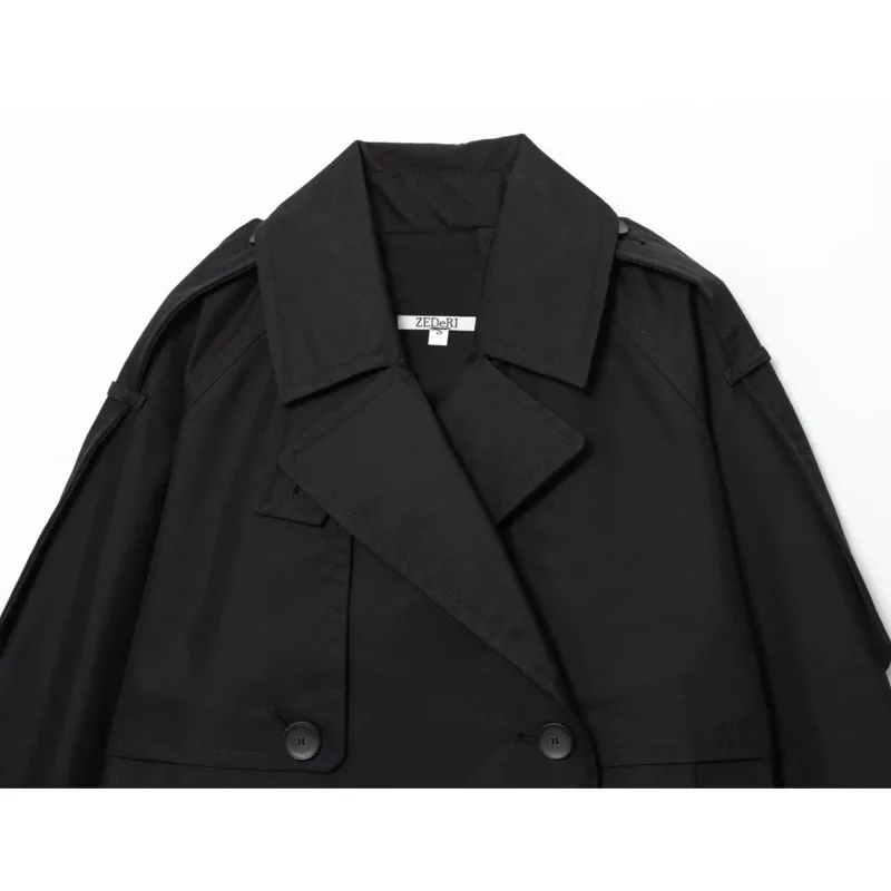 Vrouwen Double Breasted Korte Jas Casual Korte Waterafstotende Trenchcoat Lange Mouw Revers Damesjassen Vrouwelijke Tops