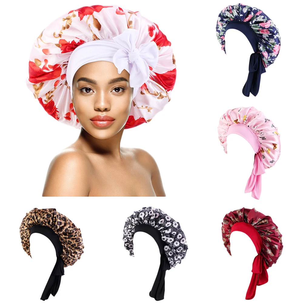 Extra Large African Pattern Print Satin Bonnet Women Night Sleep Cap Adjustable Wide Band Elastic Head Wrap Hair Bonnet Cap