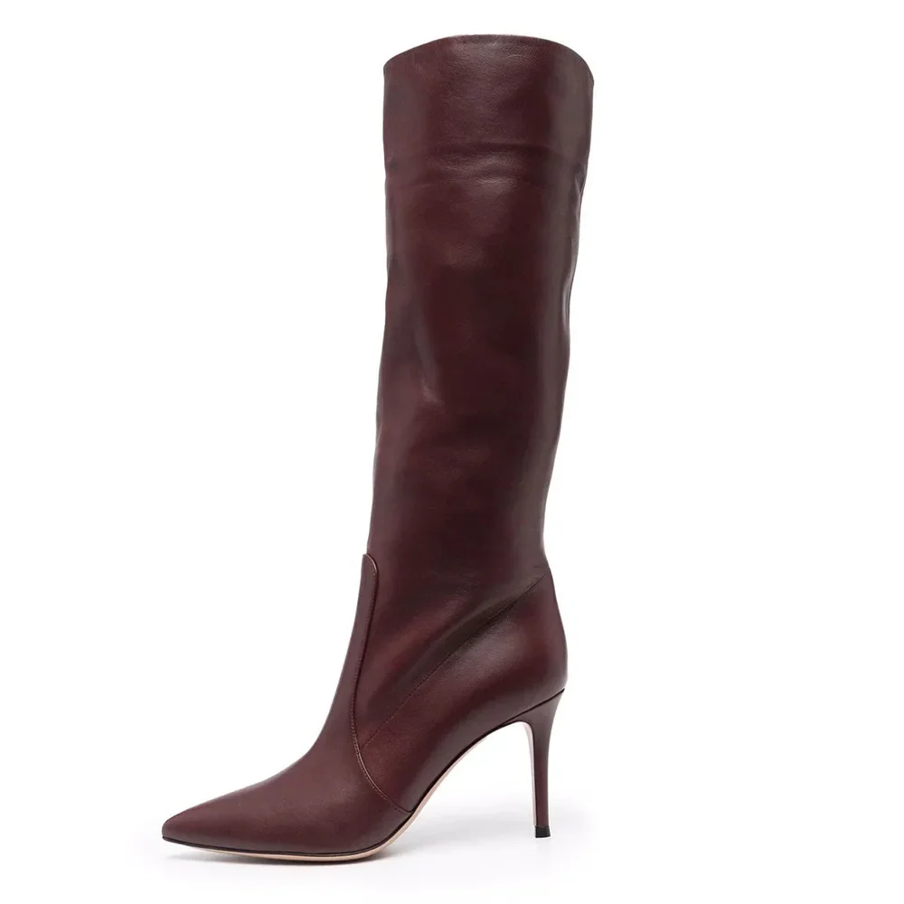 

Big Size 46 Red Leather Women Knee High Boots Stiletto Heels Long Ladies Shoes Slip-On Botas Mujer Winter Party Sapatos Feminino