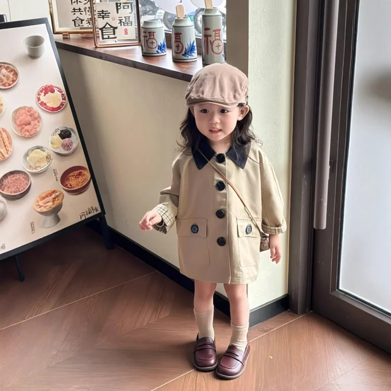 

Children's Clothing Girls' Jacket Autumn25New Style Baby Girl Retro British Style Turn-Down Collar Mid-Length Trench Coat Toddle