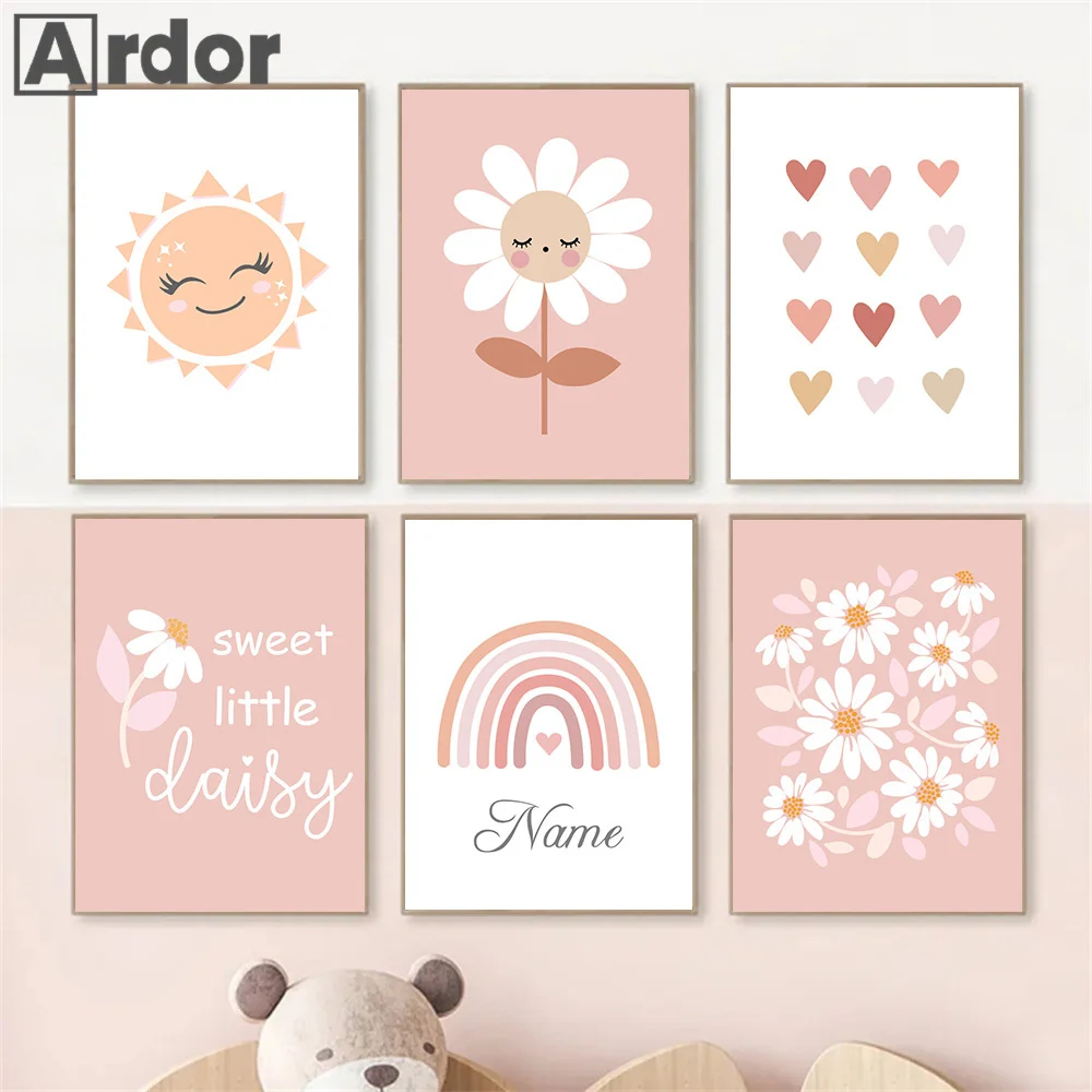Daisy Rainbow Sun Love Heart Personalized Name Poster Cute Wall Art Canvas Prints Picture Pink Girl Baby Kids Room Home Decor