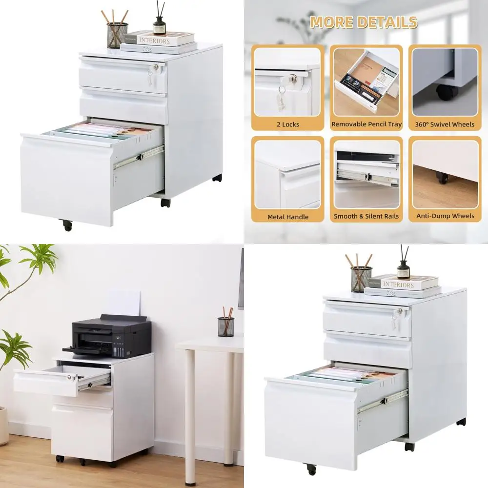 

Mobile 3-Drawer Locking File Cabinet for Home Office, Under Desk Metal Storage with Anti-Tip Wheels, Suitable for Letters, Legal