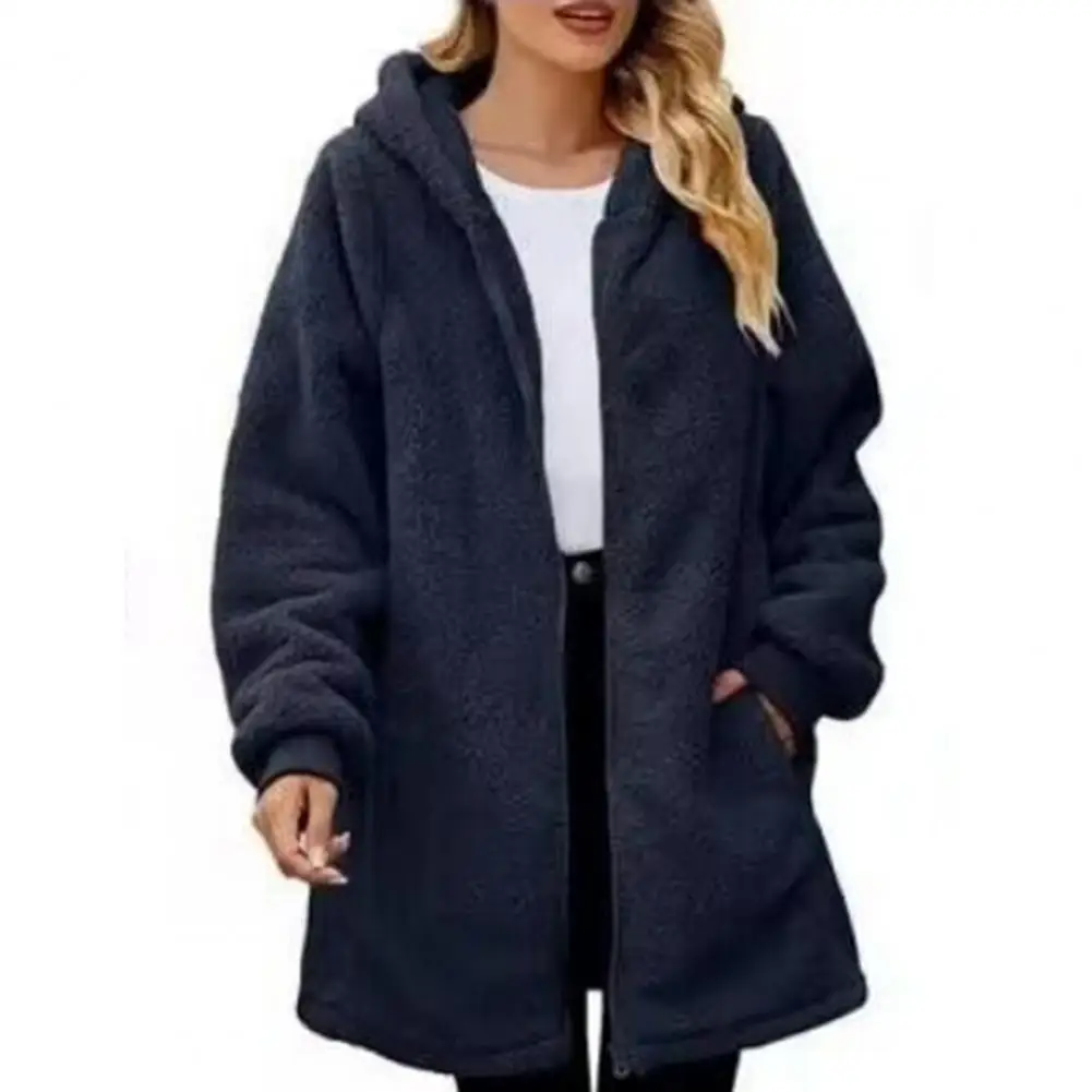 

Winter Mid Length Coat Cozy Hooded Women's Winter Coat with Plush Lining Zipper Closure Warm Mid-length Cardigan Jacket for Fall