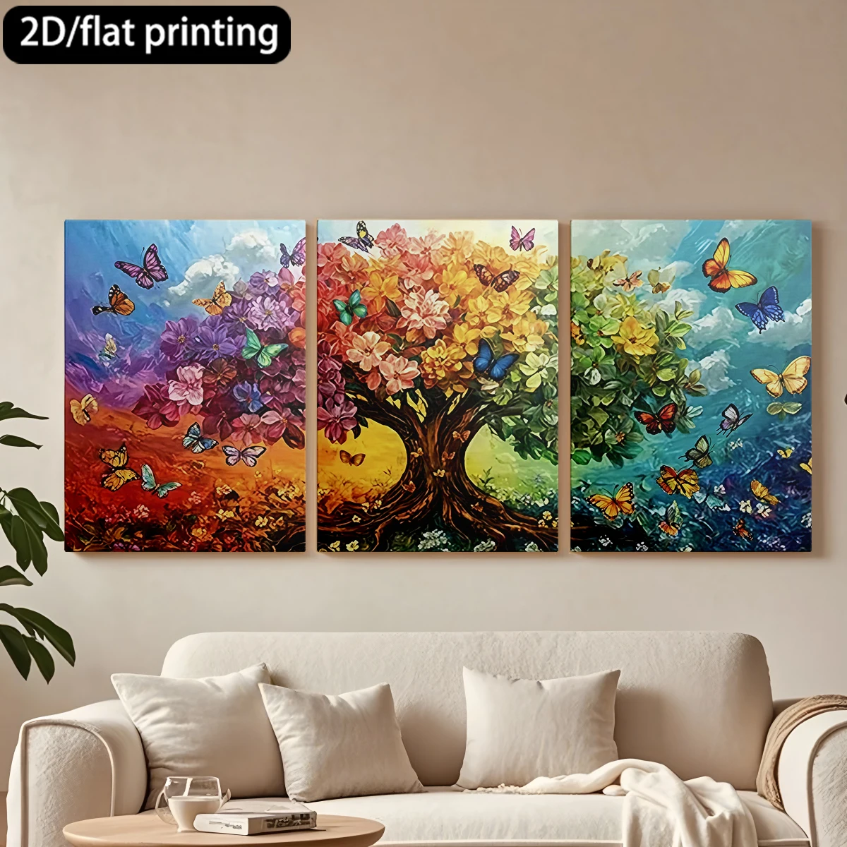 

2D плоская печать, 3-х частная декоративная картина на холсте в деревянной раме. Красочное дерево, цветы, бабочки. Декор для коридора и спальни.