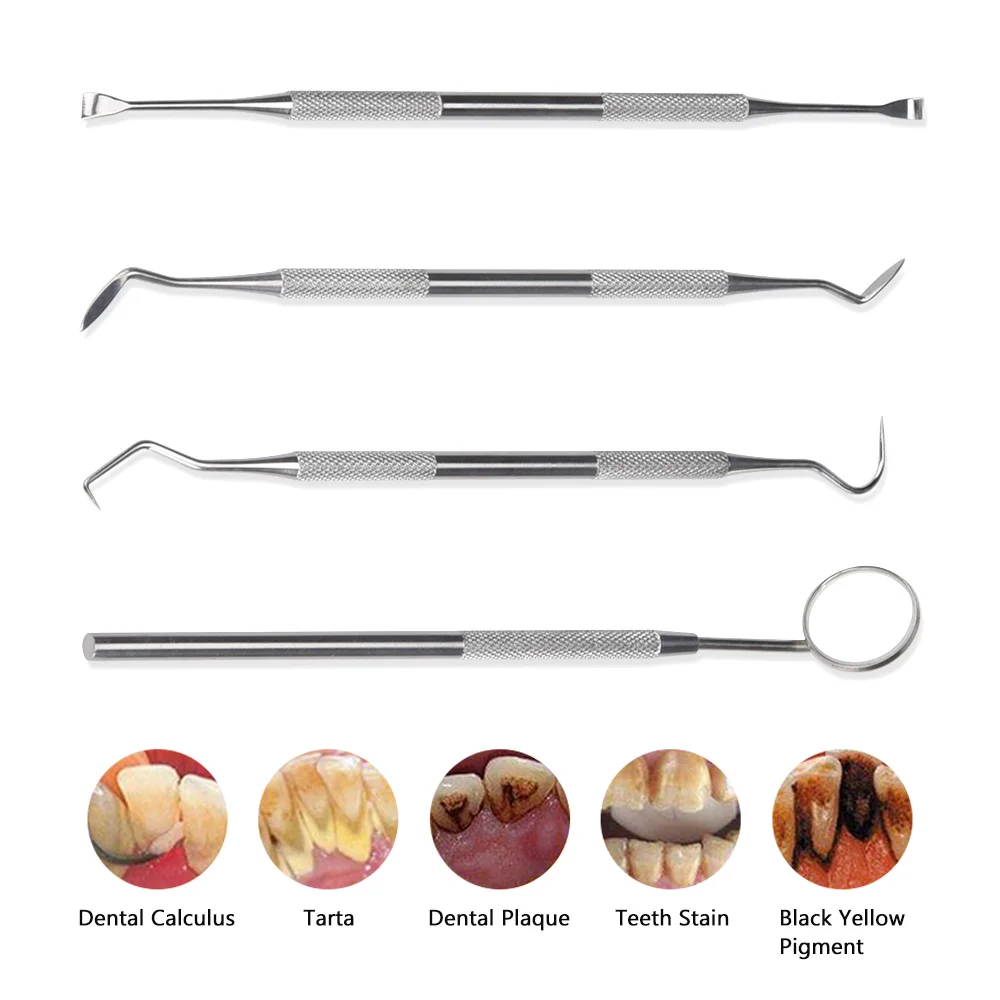 4 pcs Dental Hygiene Tool Kit Instruments Dentist Tartar Scraper Scaler Calculus Plaque Remover Teeth Cleaning Oral Care Tool