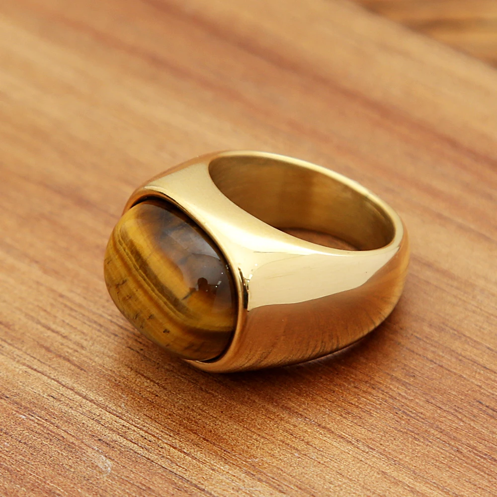 Fashion Punk Golden Color Tiger Eye Brown Stones Rings For Men Women Classic Simple Stainless Steel Stone Ring Party Jewelry view 3